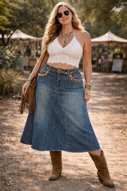WAH JEANS Denim Midi Skirt Embroidered Studded Size 20 Western Boho Y2K